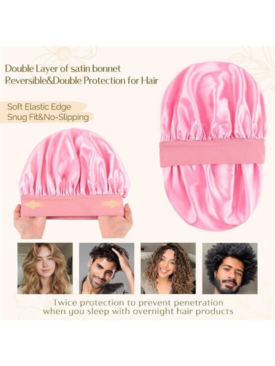 〽️Women Pink Light Silk Bonnet Sleeping Double Layer Satin Natural Curly Hair main image 5